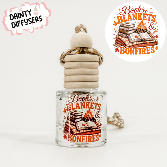 Books Blankets and Bonfires Fall Car Freshener | Hanging Car Diffuser