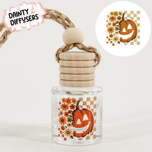 Checkered Pumpkin W/ Flowers Fall Car Freshener | Hanging Car Diffuser