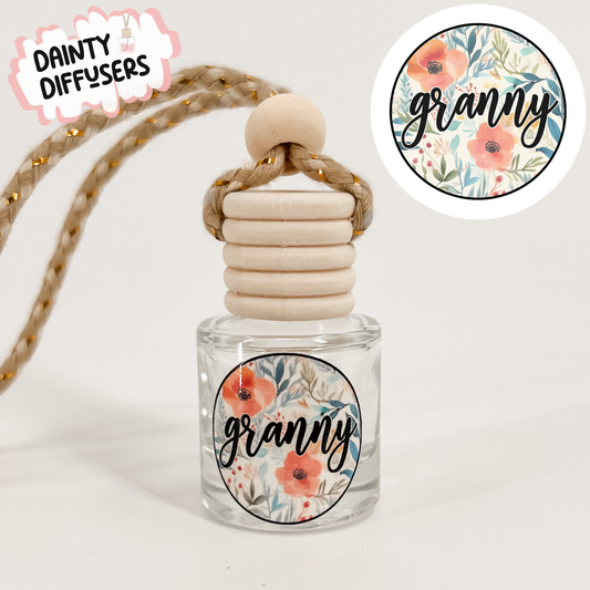 Granny W/ Floral Background Car Freshener | Hanging Car Diffuser