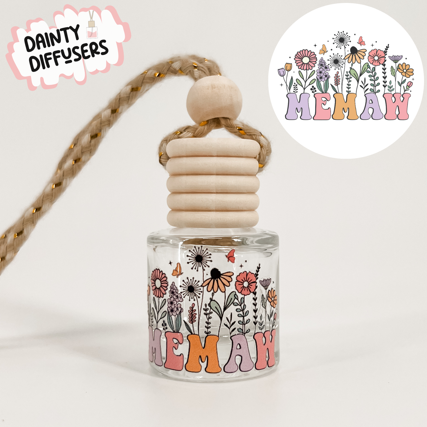 Memaw W/ Flowers Car Freshener | Hanging Car Diffuser